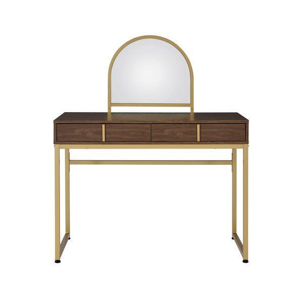 Coleen Vanity Desk w/Mirror & Jewelry Tray, Walnut & Gold