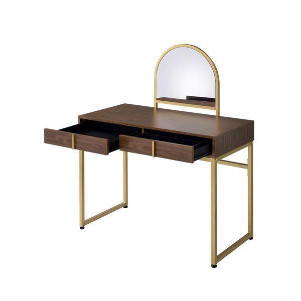 Coleen Vanity Desk w/Mirror & Jewelry Tray, Walnut & Gold