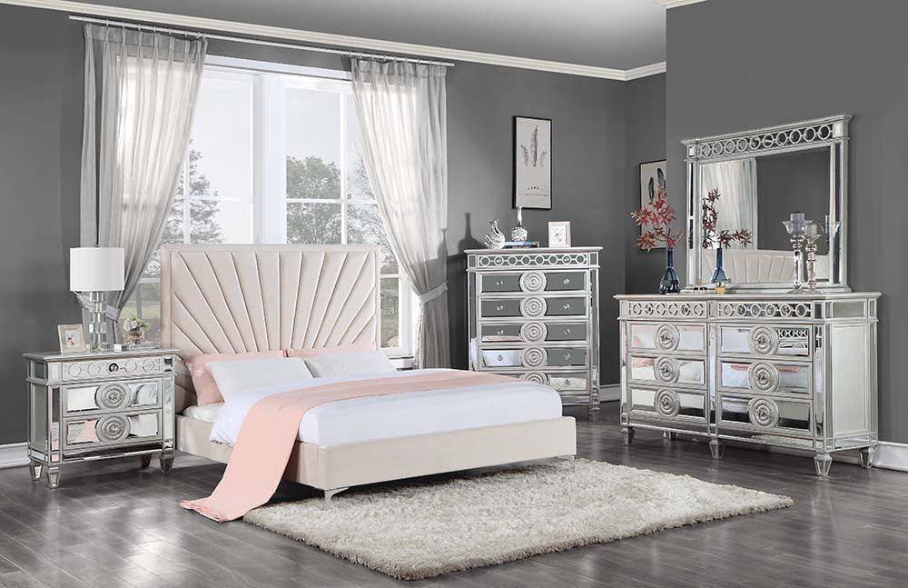Faiz Queen Bed, Beige Velvet