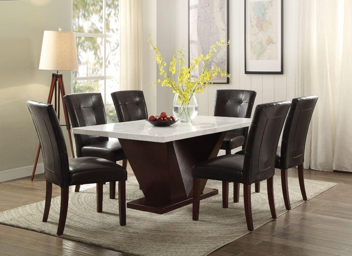 Forbes Dining Table, White Marble & Walnut