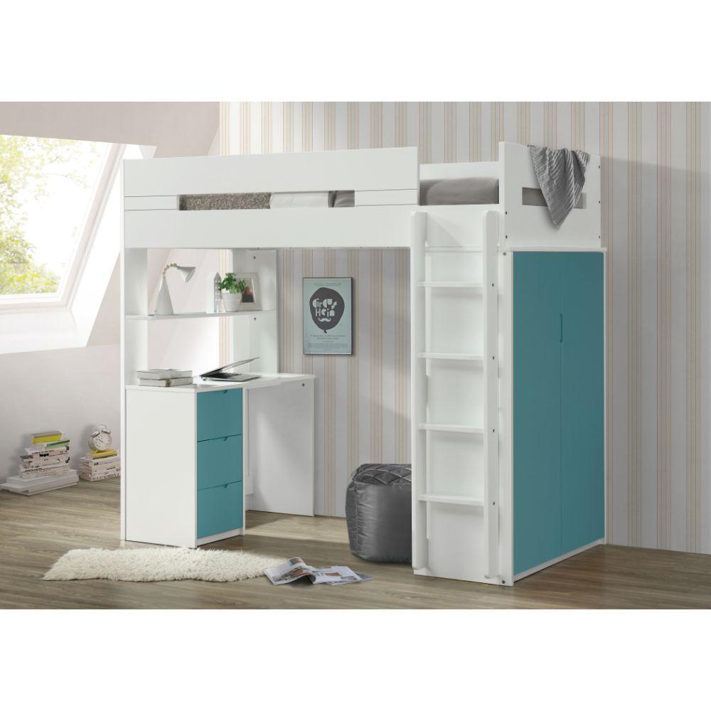 Nerice Twin Loft Bed, White & Teal
