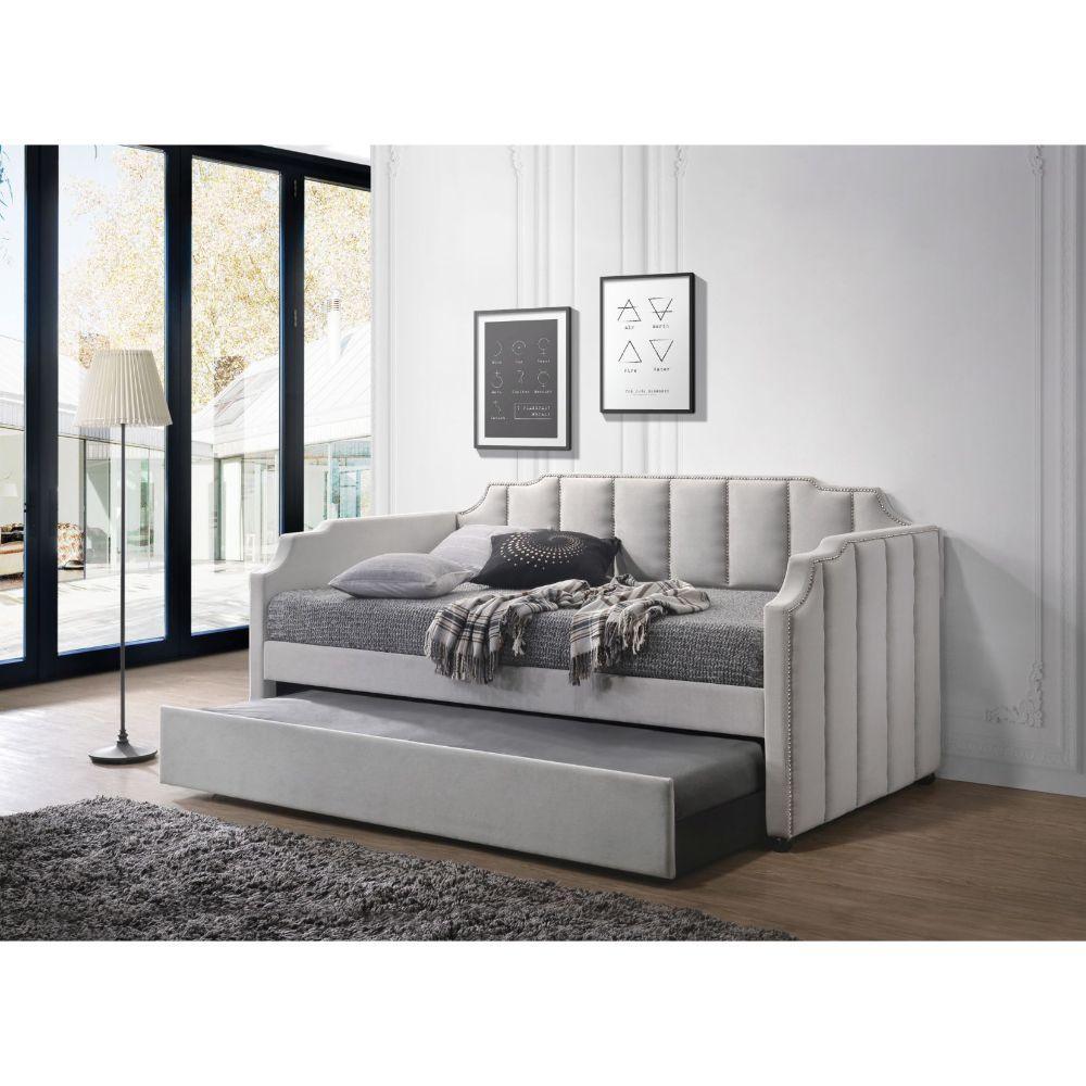 ACME  Peridot Daybed & Trundle (Twin Size), Dove Gray Velvet