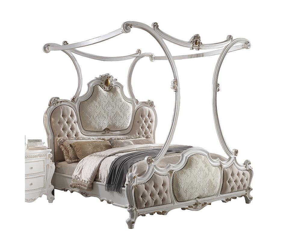 ACME Picardy Eastern King Bed w/Canopy, Fabric & Antique Pearl