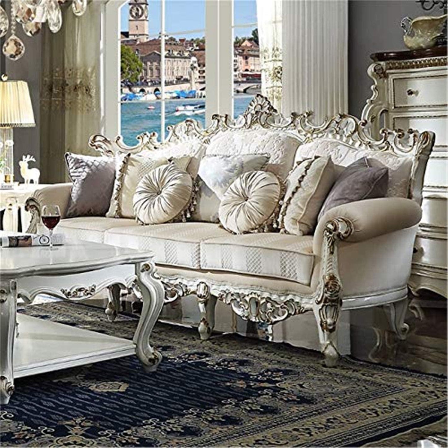 ACME Picardy II Sofa w/7 Pillows, Fabric & Antique Pearl