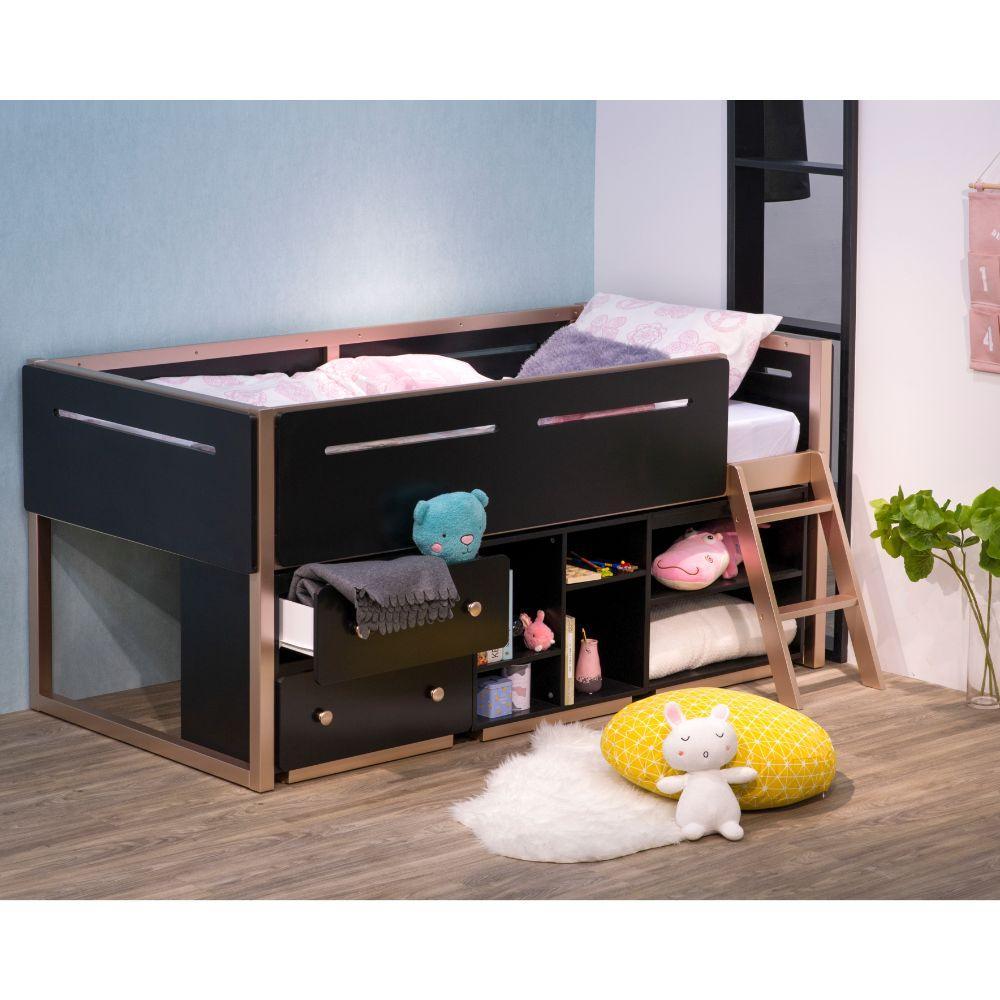 ACME Prescott Loft Bed, Black & Rose-Gold