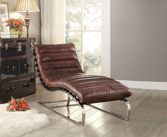 ACME Qortini Chaise, Vintage Dark Brown Top Grain Leather & Stainless Steel