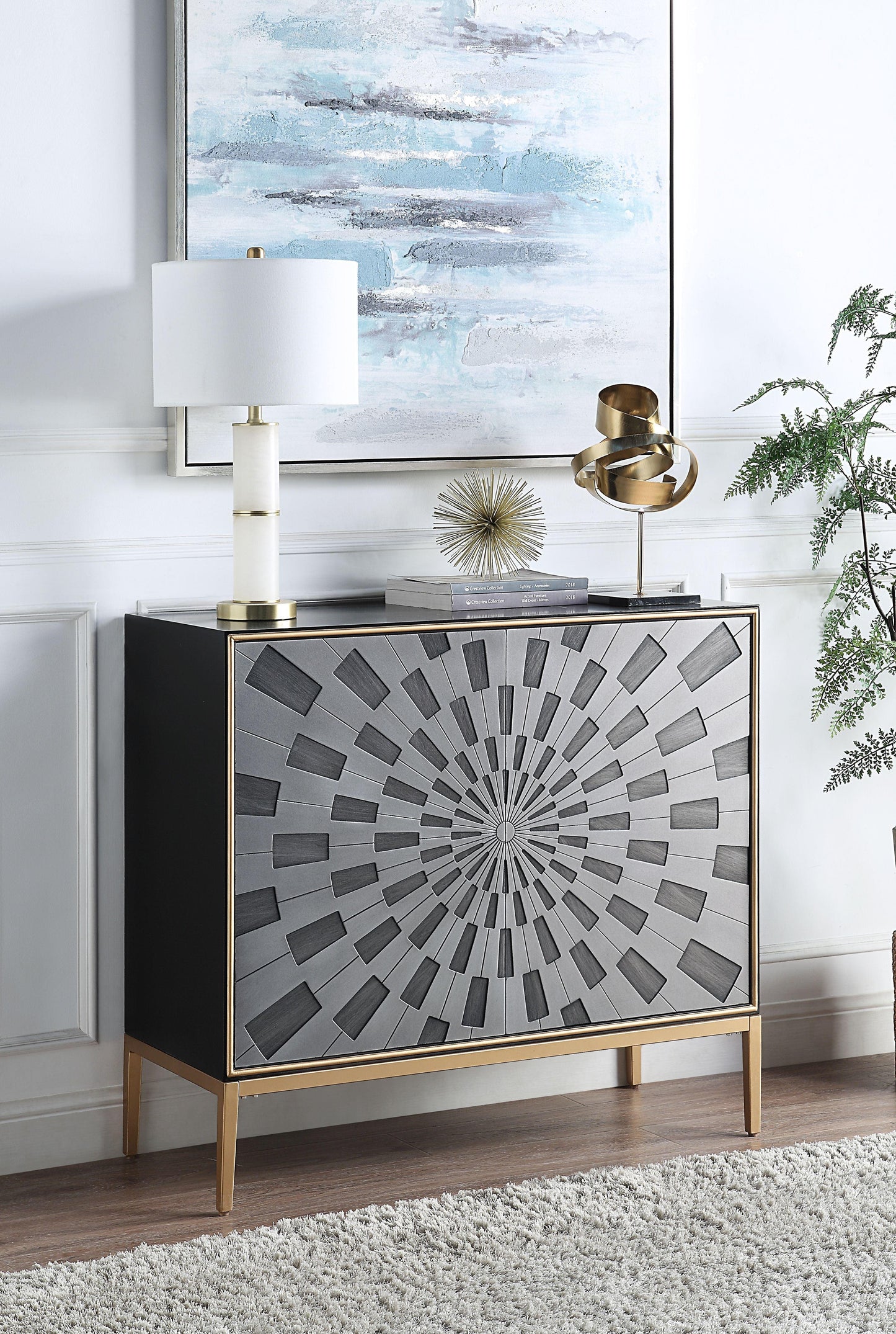 ACME Quilla Console Table, Black, Gray & Brass Finish