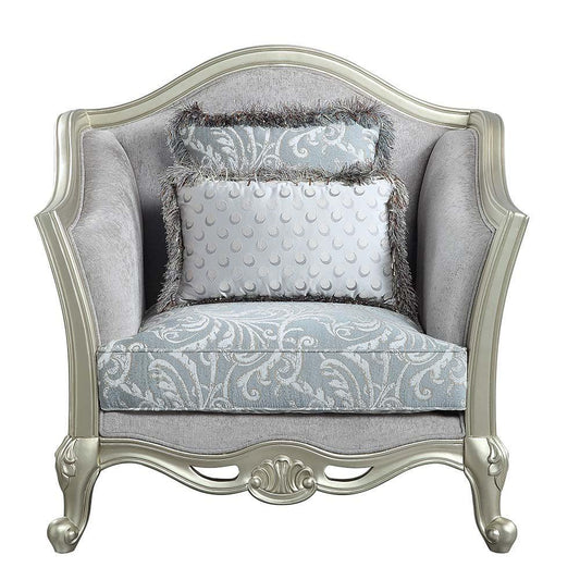 ACME Qunsia Chair w/2 Pillows, Light Gray Linen & Champagne Finish