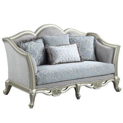 ACME Qunsia Loveseat w/4 Pillows, Light Gray Linen & Champagne Finish