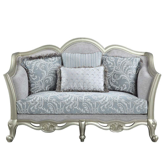 ACME Qunsia Loveseat w/4 Pillows, Light Gray Linen & Champagne Finish