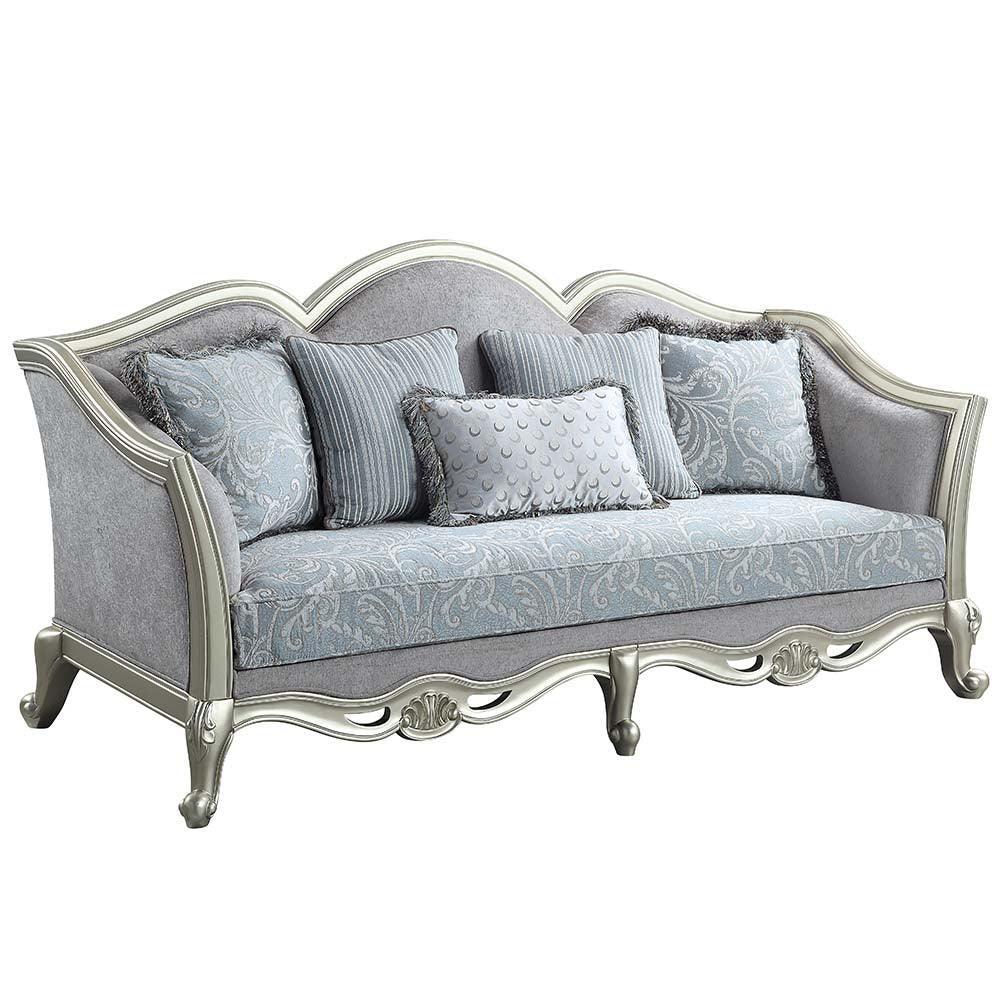 ACME Qunsia Sofa w/5 Pillows, Light Gray Linen & Champagne Finish