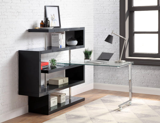 ACME Raceloma Writing Desk w/Shelf, Clear Glass, Chrome & Black High Gloss Finish