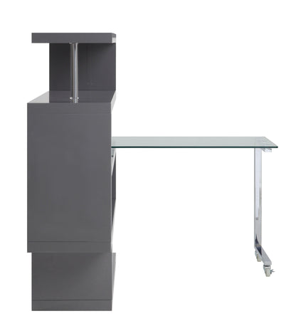 ACME Raceloma Writing Desk w/Shelf, Clear Glass, Chrome & Gray High Gloss Finish