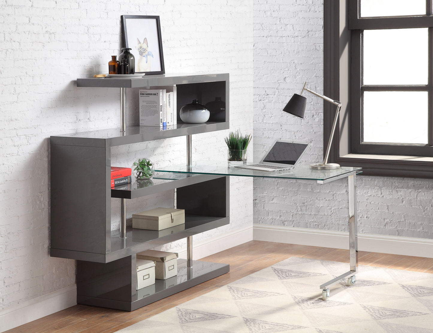 ACME Raceloma Writing Desk w/Shelf, Clear Glass, Chrome & Gray High Gloss Finish