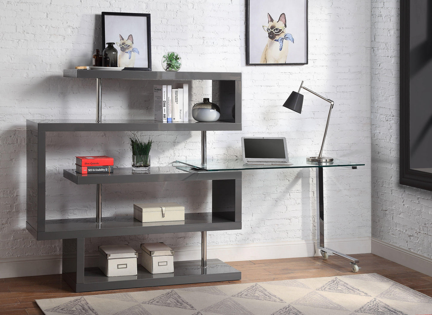 ACME Raceloma Writing Desk w/Shelf, Clear Glass, Chrome & Gray High Gloss Finish