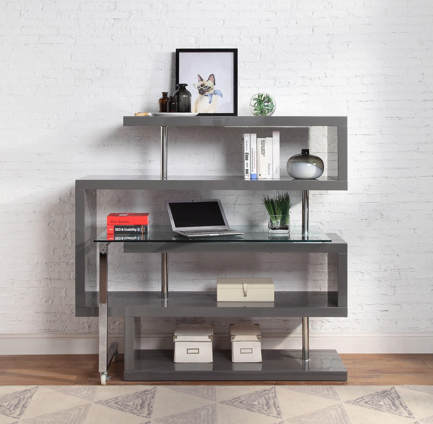 ACME Raceloma Writing Desk w/Shelf, Clear Glass, Chrome & Gray High Gloss Finish