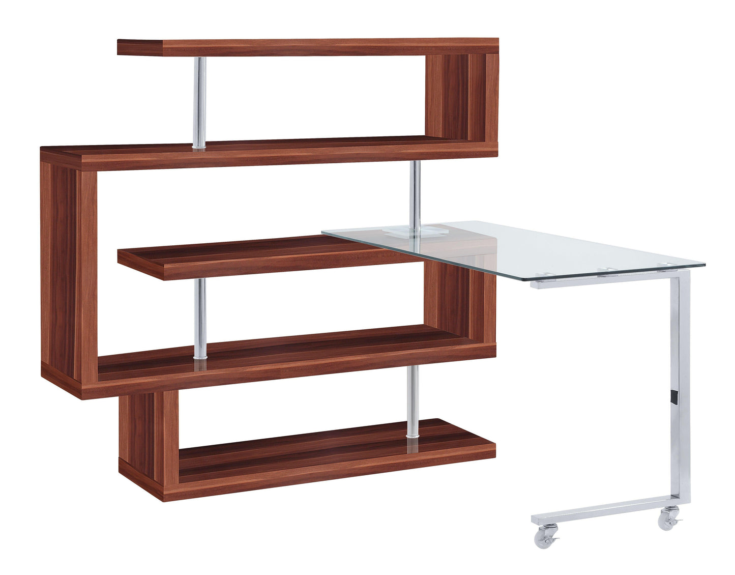 ACME Raceloma Writing Desk w/Shelf, Clear Glass, Chrome & Walnut High Gloss Finish