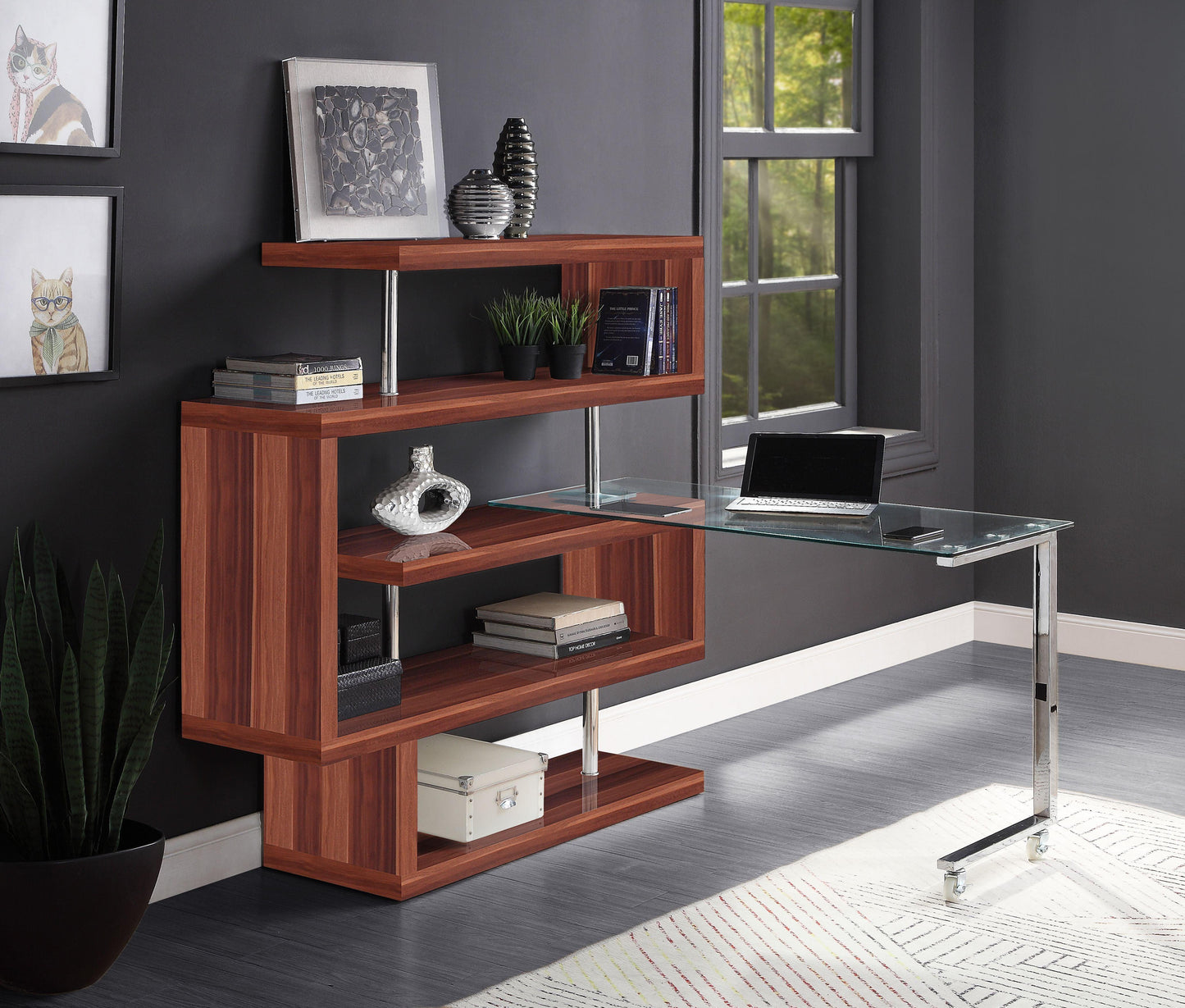 ACME Raceloma Writing Desk w/Shelf, Clear Glass, Chrome & Walnut High Gloss Finish