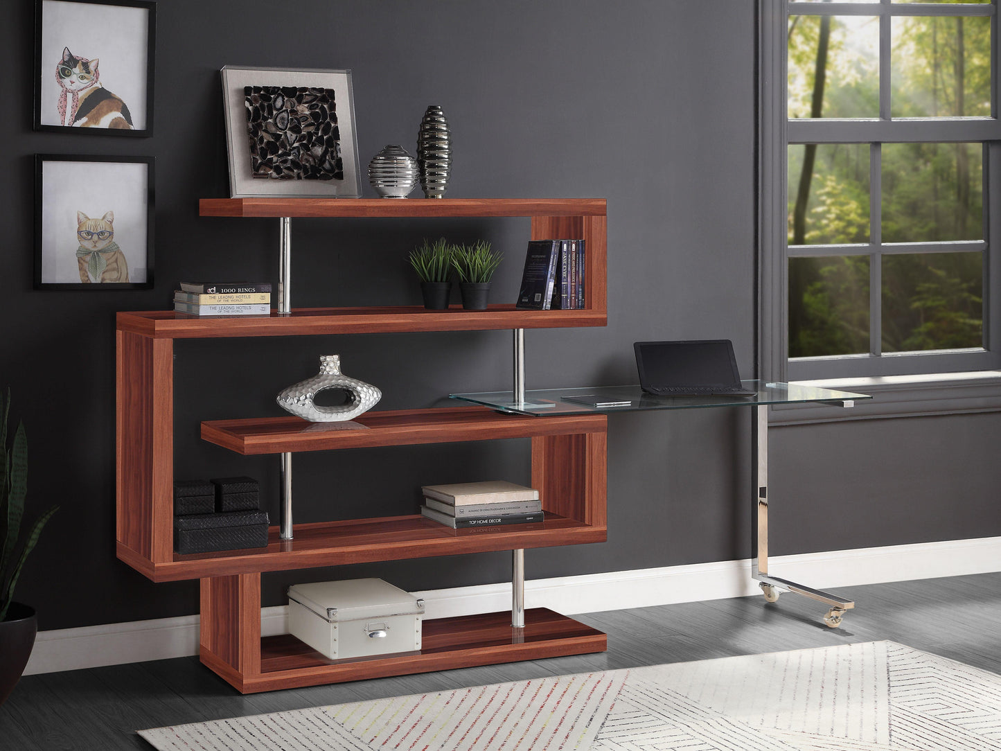 ACME Raceloma Writing Desk w/Shelf, Clear Glass, Chrome & Walnut High Gloss Finish