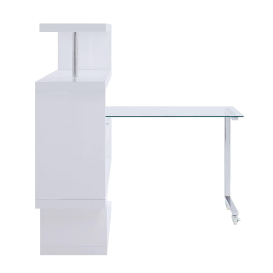 ACME Raceloma Writing Desk w/Shelf, Clear Glass, Chrome & White High Gloss Finish