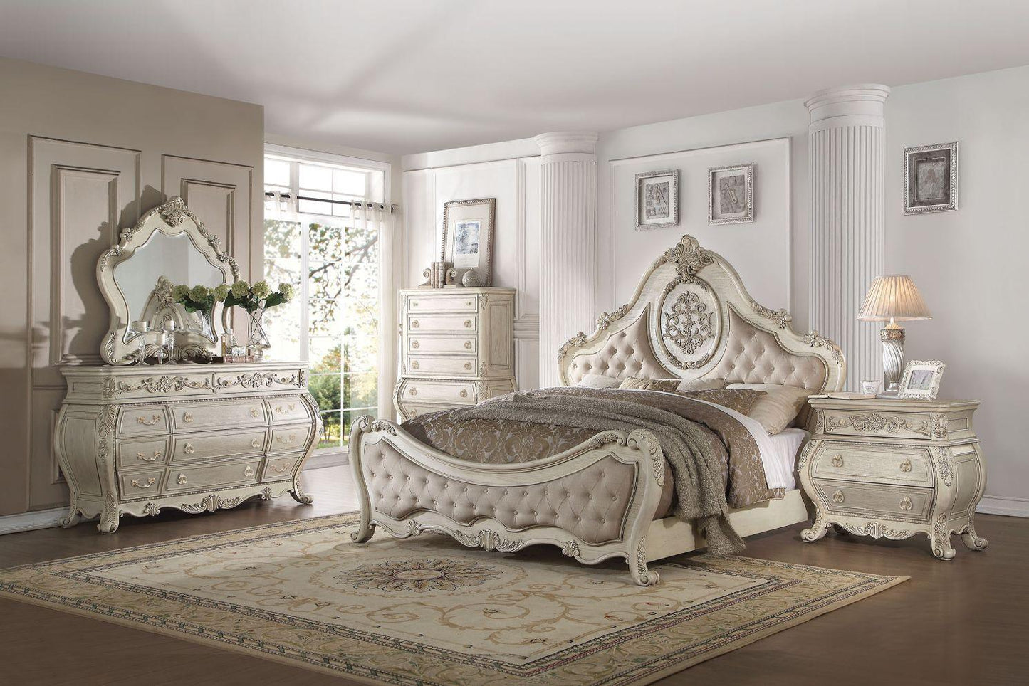 ACME Ragenardus Queen Bed, Beige Linen & Antique White 27010Q