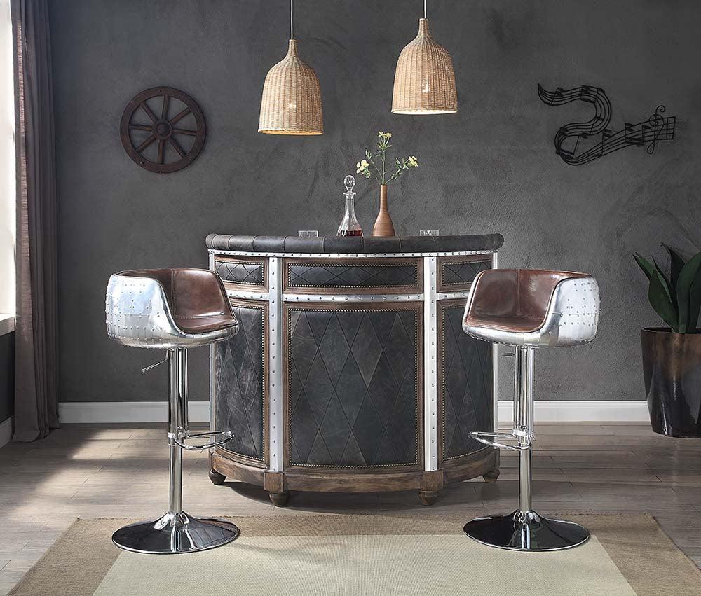 ACME Rahma Bar Table, Antique Ebony Top Grain Leather & Aluminum