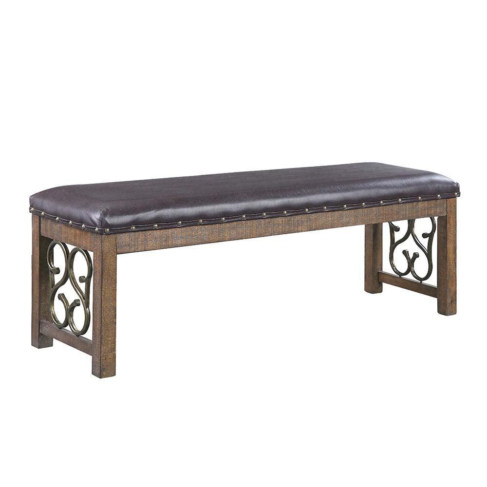 ACME Raphaela Bench, Black PU & Weathered Cherry Finish