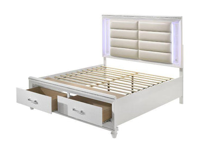 ACME Sadie Storage E. King Bed, LED, Pearl White PU & White Finish