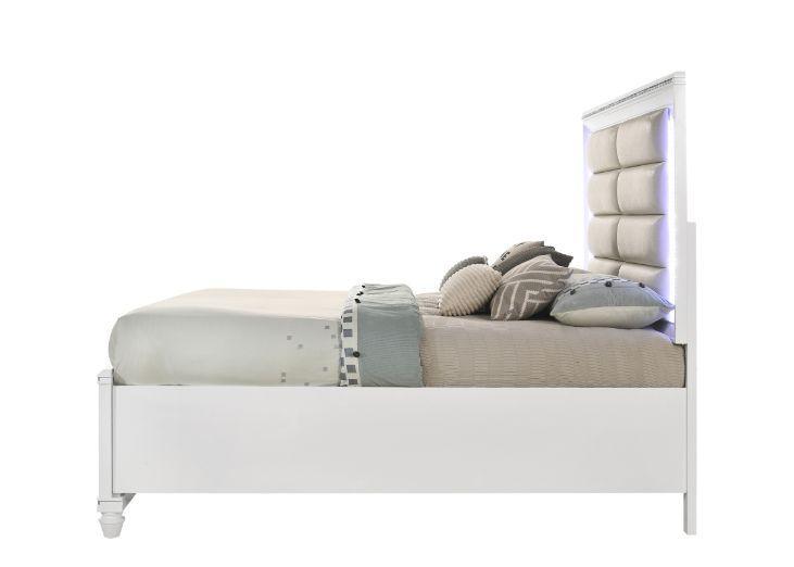 ACME Sadie Storage E. King Bed, LED, Pearl White PU & White Finish