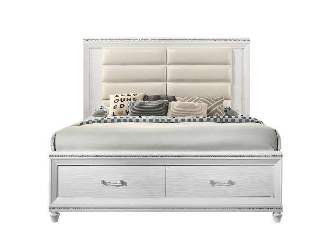 ACME Sadie Storage E. King Bed, LED, Pearl White PU & White Finish