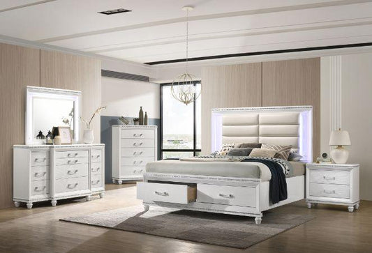 ACME Sadie Storage E. King Bed, LED, Pearl White PU & White Finish