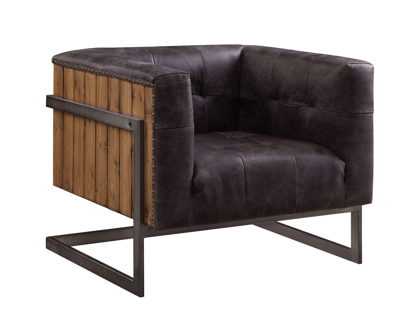 ACME Sagat Accent Chair, Antique Ebony Top Grain Leather & Rustic Oak