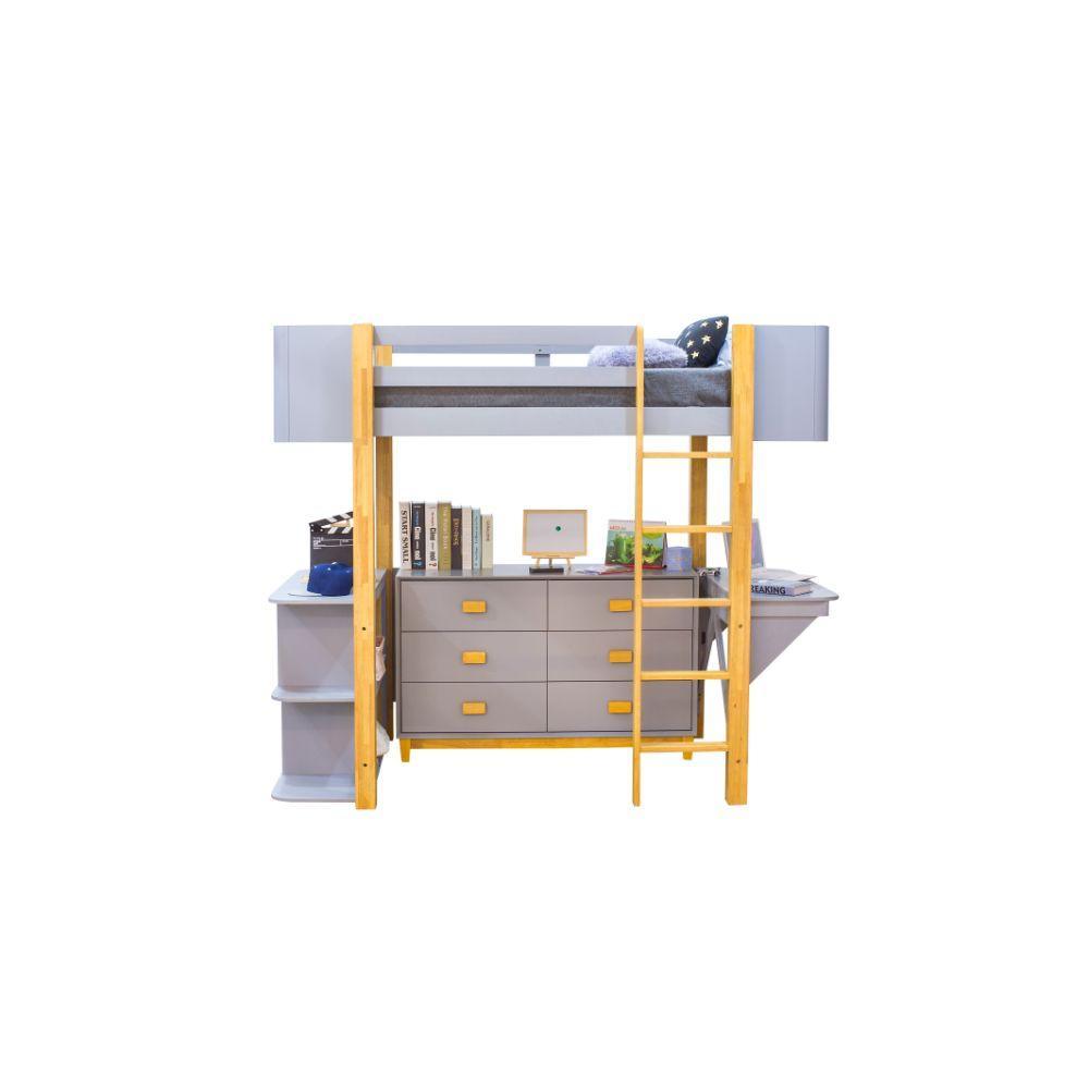 ACME Saiyan Loft Bed w/Desk & Bookshelf, Gray & Natural 37990