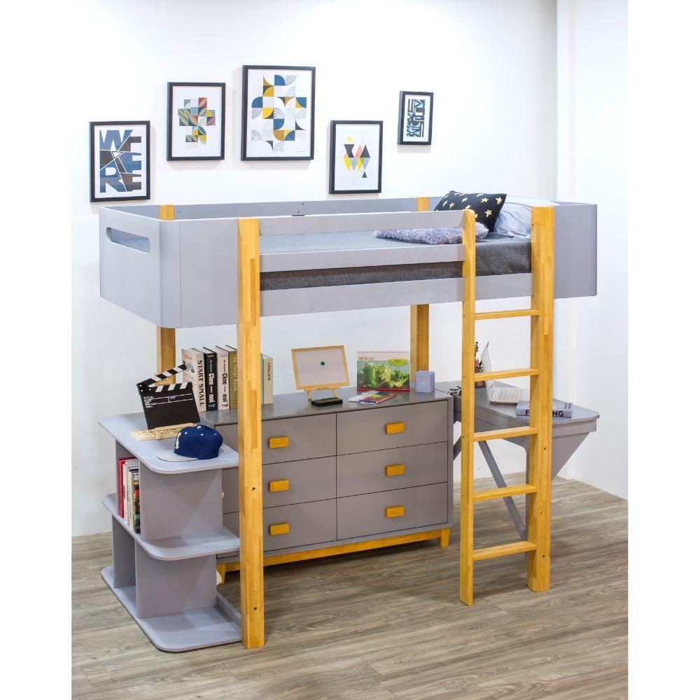 ACME Saiyan Loft Bed w/Desk & Bookshelf, Gray & Natural 37990