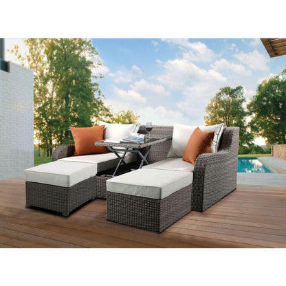 ACME Salena Patio Sectional & 2 Ottomans, Beige Fabric & Gray Wicker