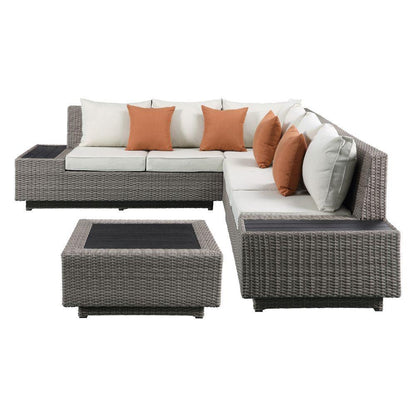 ACME Salena Patio Sectional & Cocktail Table, Beige Fabric & Gray Wicker  45020