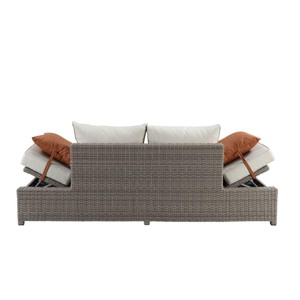 ACME Salena Patio Sofa & Ottoman w/2 Pillows, Beige Fabric & Gray Wicker