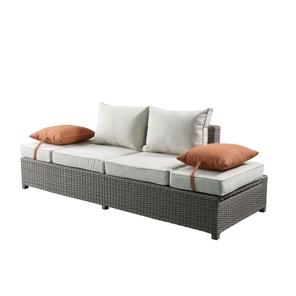 ACME Salena Patio Sofa & Ottoman w/2 Pillows, Beige Fabric & Gray Wicker