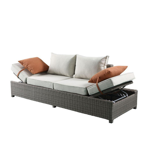 ACME Salena Patio Sofa & Ottoman w/2 Pillows, Beige Fabric & Gray Wicker