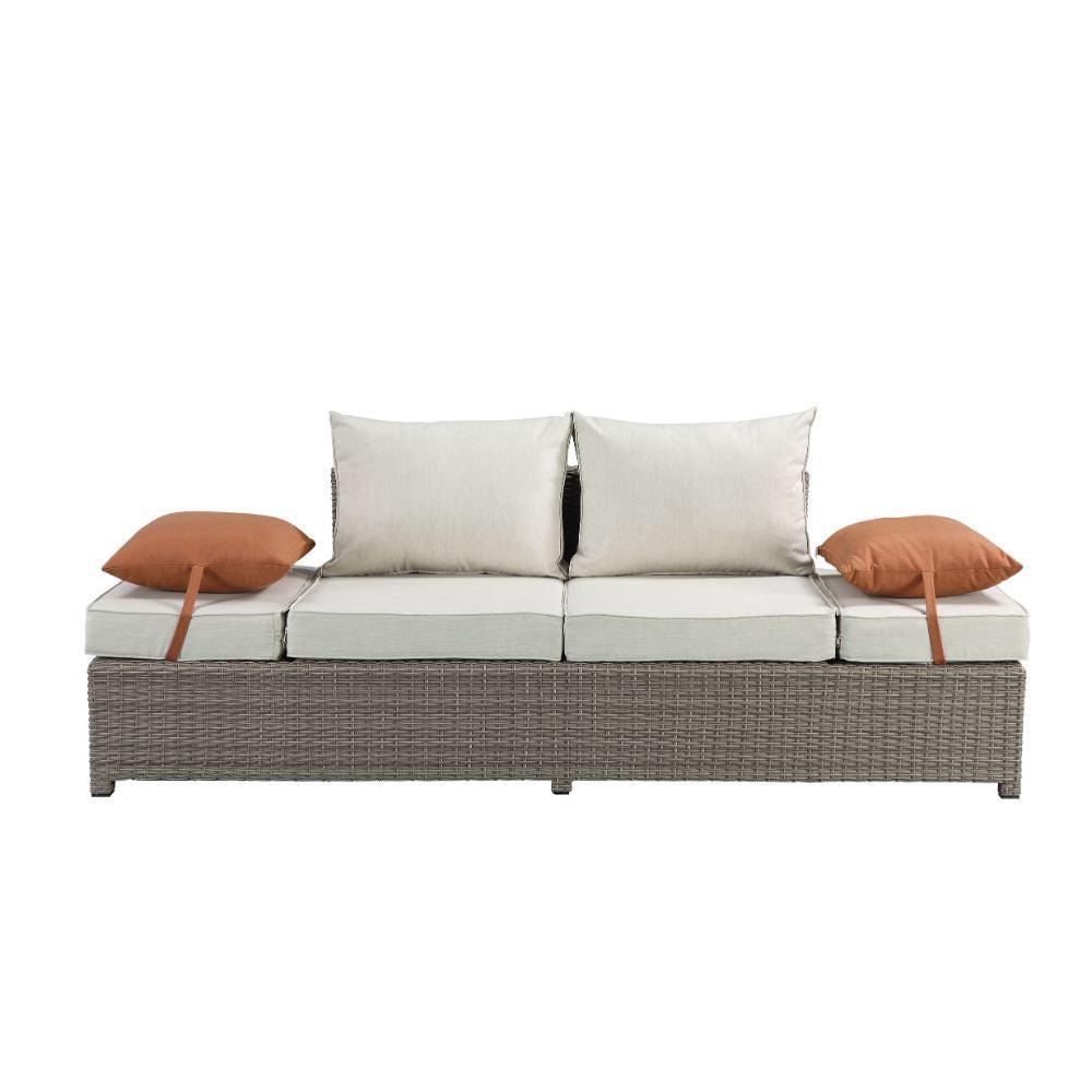 ACME Salena Patio Sofa & Ottoman w/2 Pillows, Beige Fabric & Gray Wicker