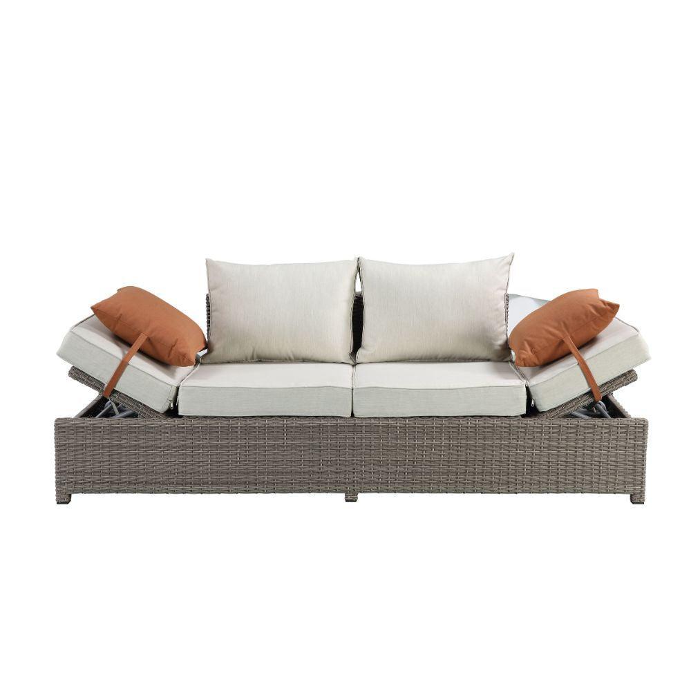 ACME Salena Patio Sofa & Ottoman w/2 Pillows, Beige Fabric & Gray Wicker