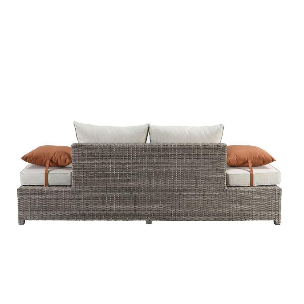 ACME Salena Patio Sofa & Ottoman w/2 Pillows, Beige Fabric & Gray Wicker