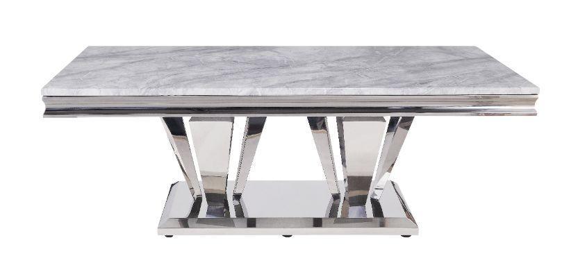 ACME Satinka Coffee Table, Light Gray Printed Faux Marble & Mirrored Silver Finish