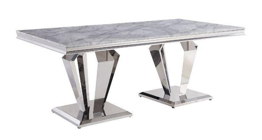 ACME Satinka Dining Table, Light Gray Printed Faux Marble & Mirrored Silver Finish