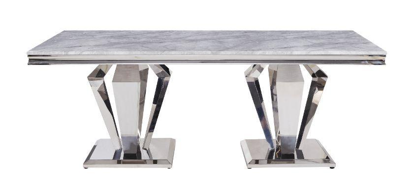 ACME Satinka Dining Table, Light Gray Printed Faux Marble & Mirrored Silver Finish