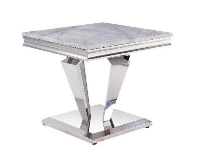 ACME Satinka End Table, Light Gray Printed Faux Marble & Mirrored Silver Finish