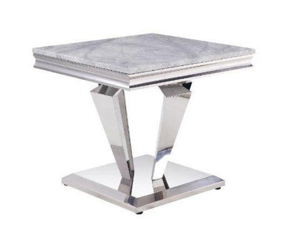 ACME Satinka End Table, Light Gray Printed Faux Marble & Mirrored Silver Finish