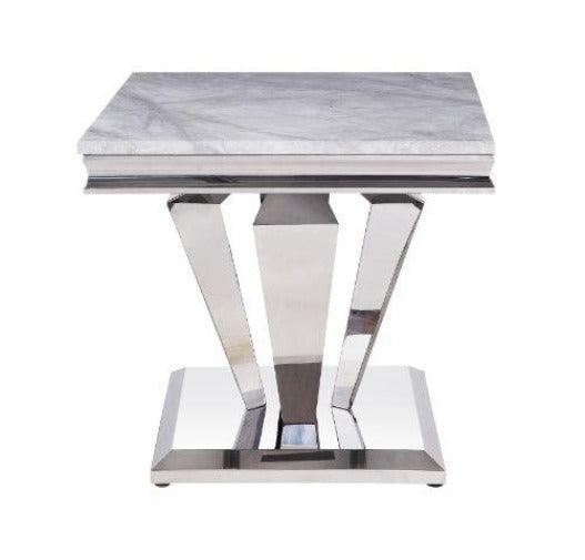 ACME Satinka End Table, Light Gray Printed Faux Marble & Mirrored Silver Finish