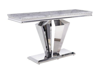 ACME Satinka Sofa Table, Light Gray Printed Faux Marble & Mirrored Silver Finish