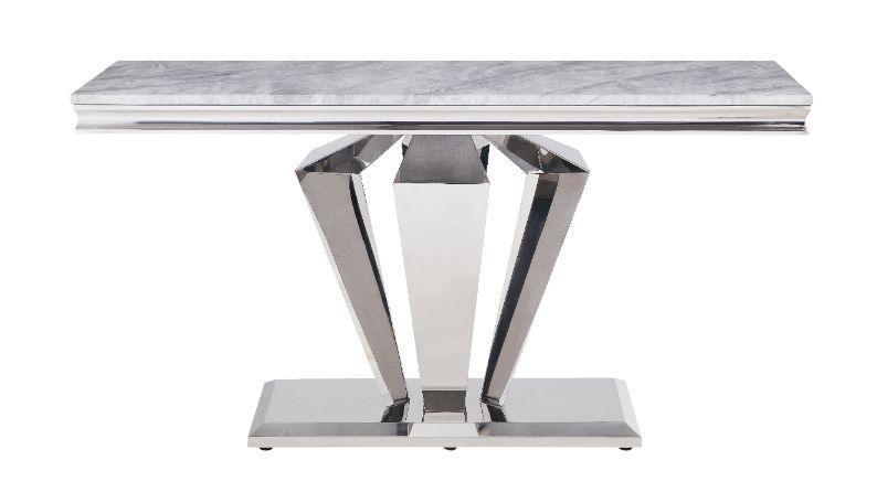 ACME Satinka Sofa Table, Light Gray Printed Faux Marble & Mirrored Silver Finish